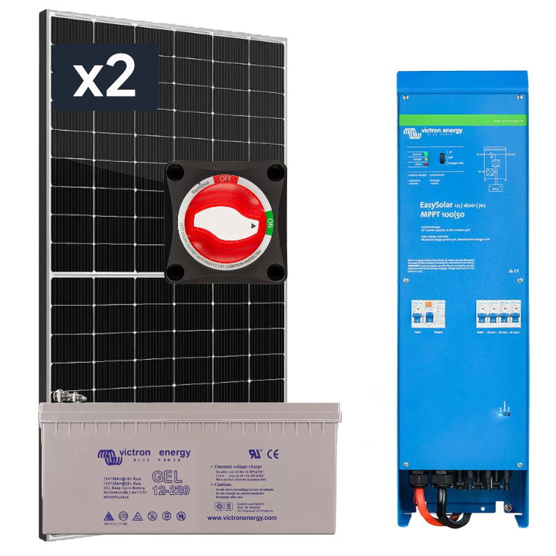 Elektrownia słoneczna 870Wp Hybrydowa z akumulatorem 220AH i przetwornicą 1300W